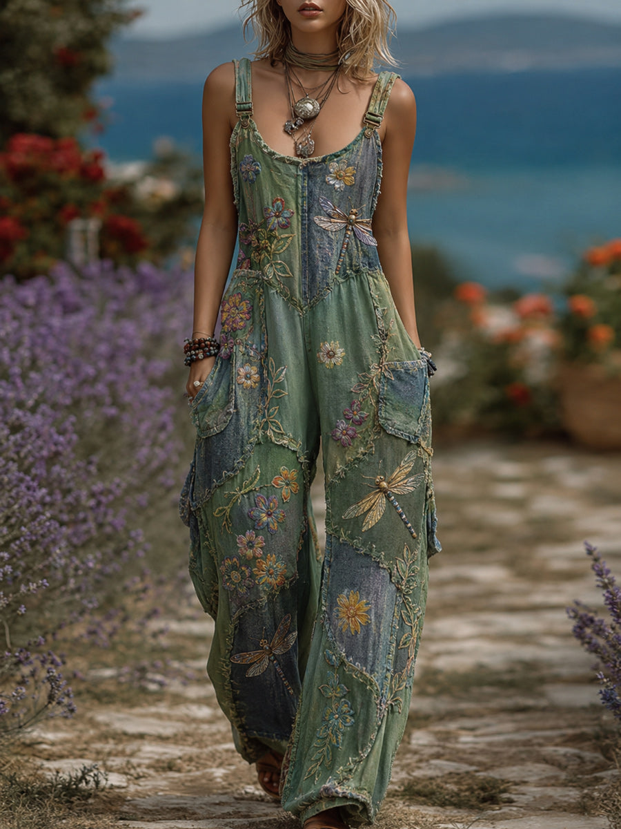 Women's Retro Style Art Print Washed Cotton Denim Patchwork Jumpsuit